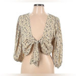 REDBERRY Crop Top‎ Blouse Tie Front Size Large Floral Puffy Sleeves NWT Tan Photo 2