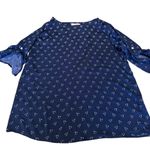 Rosie Pope Navy Wishbone Print Blouse XL Bow Tie Sleeve Soft Draped Top in EUC Blue Photo 6