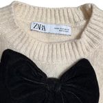 ZARA  Cream Long Sleeve Velvet Bow Sweater Women's Size Medium Photo 6