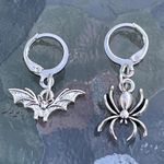 Handmade Silver Y2k Bat Spider Hoop Earrings , Punk Goth Boho Photo 0