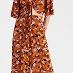 American Eagle  Orange Floral Flare Sleeves Tie Front Crop Top Blouse Medium Photo 0