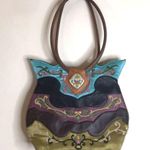 OOVOO silk and leather hand embroidered shoulder bag tote purse Photo 5