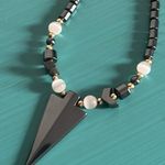 New Hand Crafted Hematite Arrowhead and Cat’s Eye Bead Necklace Gray Photo 0