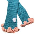 Hand Knit Barbie Core Cute Kawaii Teal Knit Scarf Pink Ruffle Trim White Heart Blue Photo 2