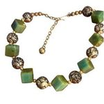 Vintage Bakelite Green Moss Square Bead Choker Collar Necklace Gold Tone Rose Photo 0