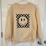 Checkered Smiley Face Graphic Sweatshirt Casual Pullover‎ Trendy Top Tan Size M Photo 0