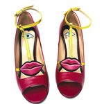 Gucci  Molina Embroidered Lips T-Strap Red/Gold Leather Pumps 37.5 Photo 6