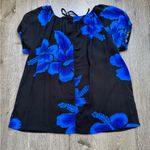 Aloha Hut Hawaii Hibiscus Top Black Blue Floral Rayon Peasant Small Photo 1