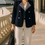 Tory Burch  Striped Collar Navy Peacoat Jacket Nautical Coastal Chic Size L Photo 0
