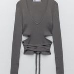 ZARA  Cut Out Knit Top Gray Ribbed V-Neck Women's Top Sz M Photo 0