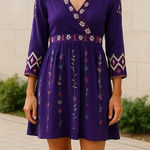 Sahalie Medium Purple Embroidered Sweater Pleated Hippie Boho Cotton Knit Dress Photo 0