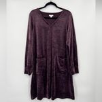 J. Jill Velour Velvet Shift Dress Long Sleeve V Neck Pockets Black Violet Medium Purple Photo 5