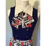 Vtg Mod Geometric Print Maxi Dress Red White & Blue 60s 70s Retro Hostess Op Art Photo 3