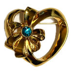Vintage Gold Heart Brooch with Blue Crystal Center – Elegant Bow Design Photo 0