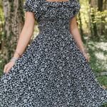 Ivy City Co Rae Dress Black Daisy Square Neckline Puff Sleeves Knee Length XS Photo 0