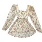 Square neck floral print sweet coquette sheer long sleeve top Pink Size L Photo 1