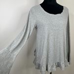 Umgee  Heather Gray Ribbed Bell Sleeve Lace Back Ruffle Hem Long Sleeve Top Photo 2