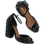 Schutz Dionise Heels Size 8.5 Black Nubuck Gold Stud Spike Open Toe Block Strap Photo 0