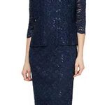 Alex Evenings Navy blue floral lace sparkle midi dress with lace cardigan set never worn Photo 0