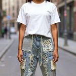 POL Distressed Lace Patch Denim Jogger Pants Women's Size Med Drawstring Waist Photo 0