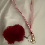 Handmade Floral Cherry Print Wristlet Keychain with Dark Red Pompom Photo 4