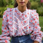 Pink City Prints Victorian Floral Lace Long Sleeve Button Front Blouse Large White Photo 0