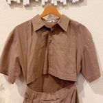 Moon River Short Sleeve Button Front Cut-out Shirred Shirt Mini Dress in Mocha Photo 4