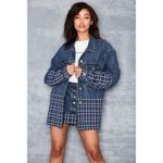 Mistress Rocks  Enthuse Denim Jacket S Blue Plaid Oversized Button Up Pockets Photo 1