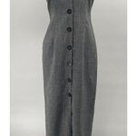 Vintage 90s Floral Embroidered Plaid Maxi Dress Sheath Button Front Gray White 8 Photo 2