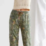 Anthropologie Classic Seamed Joggers Pants Floral Linen Blend Green Size Large Photo 0