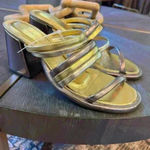 Farm Rio  Sandal Womens 10 Metallic Gold Pewter Strappy Block Heel Slip On Shoes Photo 2