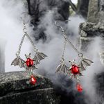 Gothic Bat Wing Vibrant Red Synthetic‎ Gemstone Drop Earrings Silver Plated Photo 1