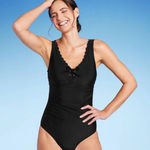 Kona Sol  Black One Piece Scalloped Swimsuit Full Coverage Summer Vacation Photo 0