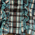 Caren Sport 2X Capped Sleeve Button Front Ruffle Stretch Plaid Top Blue Photo 9