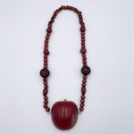 Vintage 90s Wooden Apple Beaded Necklace Teacher Artsy Unique Statement Jewelry Red Photo 2