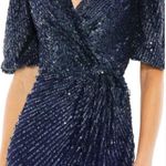 Mac Duggal 5578 Sequined V Neck Short Puff Sleeve Midi Dress Blue Size 14 Photo 1