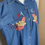 Vintage Cat & USA Embroidered Denim Shirt Size Large Blue Photo 1