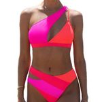 Popvil neon bright bikini set cut out one piece NWT size XL swimsuit swimwear Pink Photo 2