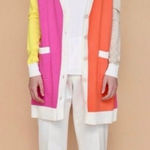 Vilagallo Color Block Long Cashmere Blend Cardigan (Yellow, Pink, Orange) Large Pink Photo 1