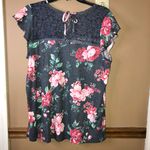Torrid Textured Floral Crew Neck Lace Pieced Tie Back Top Grey Pink 1X Photo 2