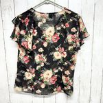 CHAPS  Top Women's Size M Short Sleeve Shell Black Floral Print Sheer V Neck Photo 3
