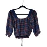 American Eagle Dark Plaid Cropped Puff Sleeve Lace Tie Top Sz M women’s Photo 1