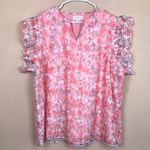 Chic Soul Women’s Floral Print Pink White Overlay Flutter Sleeve Blouse Photo 0