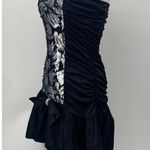 Vintage 80s Hi Low Mermaid Midi Dress Cocktail Bow Ruffle Hem Black Silver 6 Photo 4