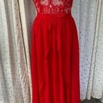 Latulle Red Lace Embroidered Applique Sheer Chiffon Flowy Front Slits Prom Dress Photo 1