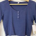 BP . Women’s Scoop Neck Waffle Knit Cropped Henley Long Sleeve Navy Size Med NWT Photo 1