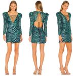 For Love & Lemons  RARE Metallic Lace Up Tiger Mini Dress NWT Emerald Sequin Photo 2