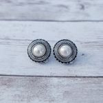 Vintage Clip On Earrings Faux Pearl with Fancy Silver Tone Halo Photo 1