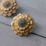 Vintage Clip On Earrings Gold Tone Flower with Light Blue Accents Photo 3