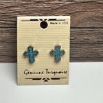 Genuine Turquoise Blue Cross Silver Tone Pierced Stud Earrings NWT Made In USA Photo 0
